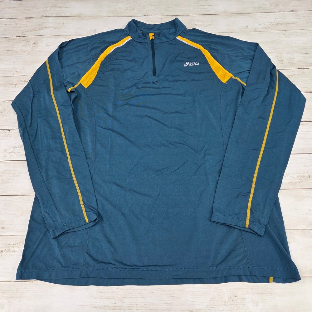 Asics MR1153 Quarter Zip Running Pullover Men Large Teal Yellow Mesh Reflective